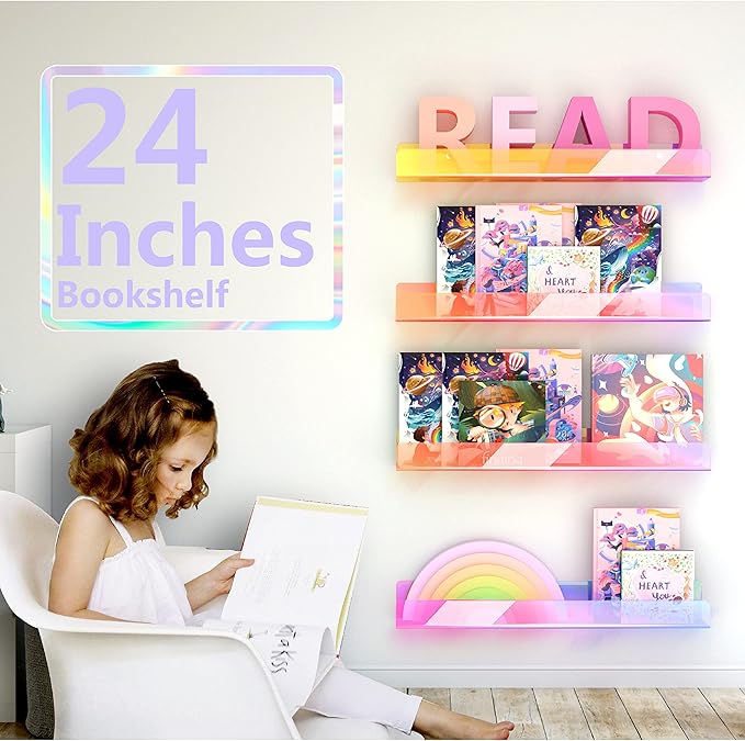 RORKIM 24 inches Iridescent Acrylic Bookshelf for Kids, Wall Mounted Kids Display Book Shelves for Room Nursery Toddler Classroom (2 Packs)