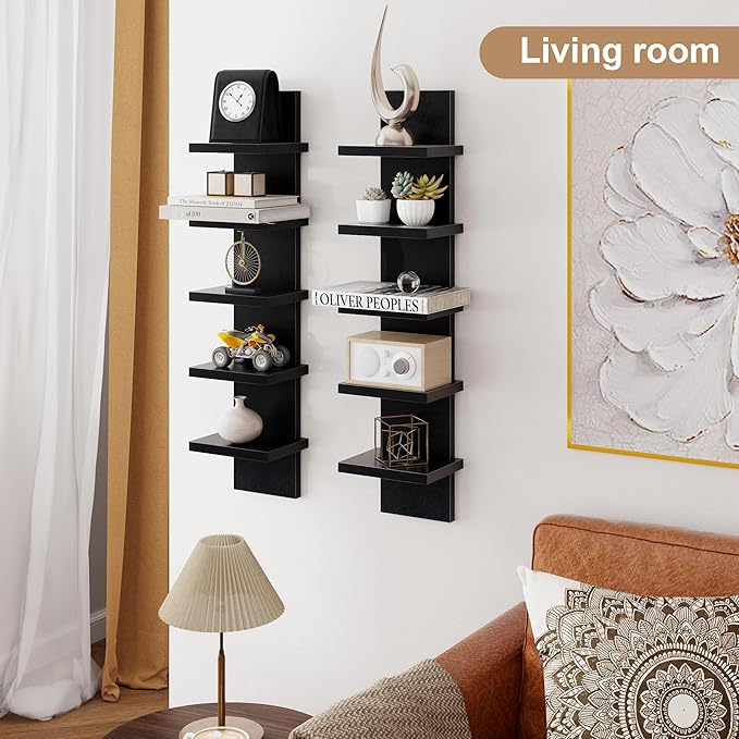 Fun Memories 5 Tier Wall Shelf Unit, Black Floating Shelves for Storage - Vertical Column Tower Design, Lack Wall Shelf Space Saving Organizer for Bedroom, Living Room, Home Decor， 2Pack
