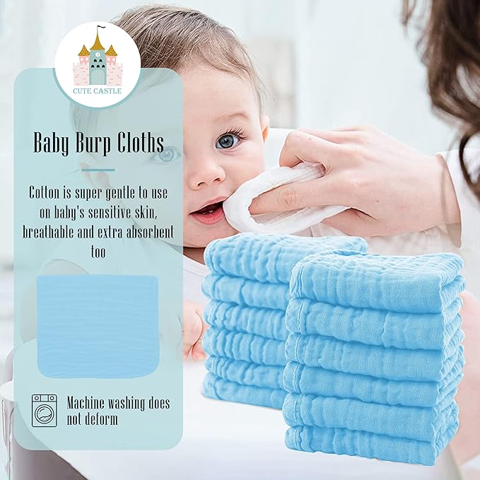 Cute Castle 24 Pack Muslin Burp Cloths for Baby - Ultra-Soft 100% Cotton Baby Washcloths - Large 20'' by 10'' Super Absorbent Milk Spit Up Rags - Burpy Cloths for Unisex, Boy, Girl - Aquamarine