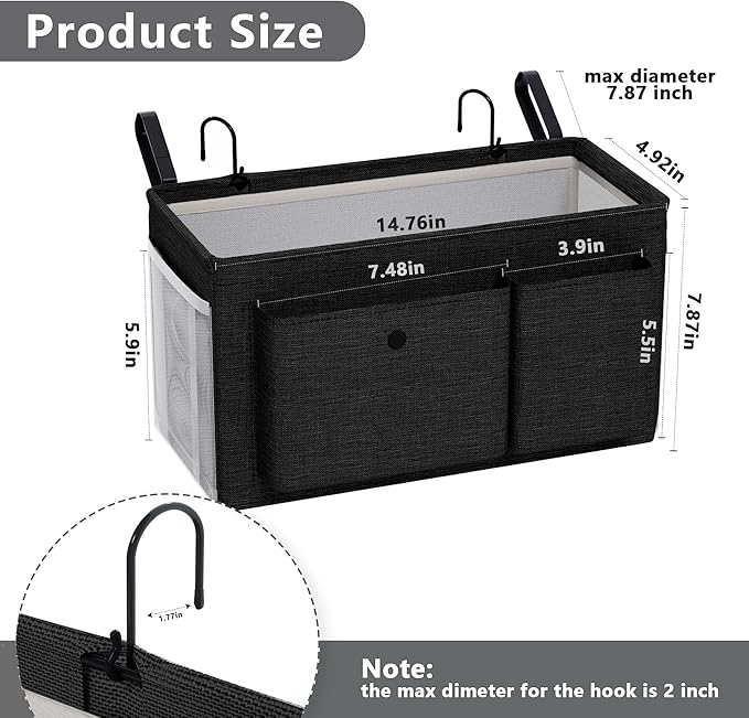 Edudif Bedside Caddy Bedside Organizer with Fixed Straps & Water Bottle Holder, Bunk Bed Caddy ideal for Home, Dorm, Hospital, Crib, Versatile Bedside Storage Solution (Black)