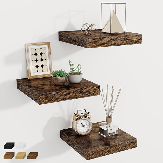 Fun Memories Square Floating Shelves for Wall, 9.3" W x 9.3" D x 1.4" H, Shelves for Wall with Invisible Brackets, Small Wood Storage Shelves for Kitchen, Living Room, Bedroom, Set of 3(Rustic Brown)