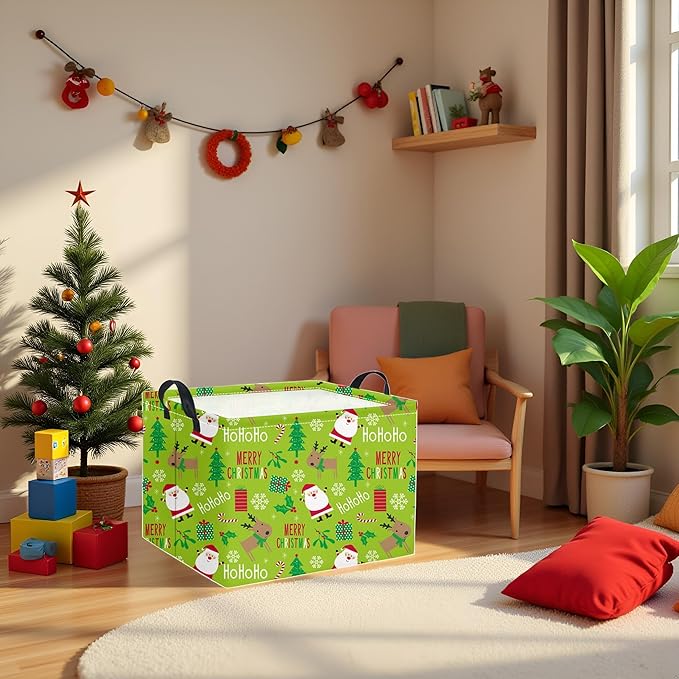 HIYAGON Rectangular Christmas Basket Fabric Storage Bin Storage Boxes,Collapsible Storage Basket for Clothes,Books.Shelves Basket(Green Christmas)