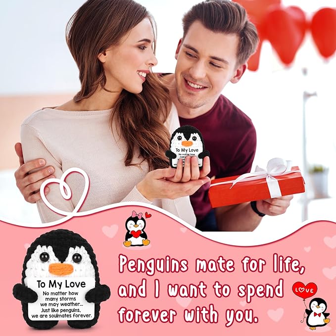 CryCarrot Gifts for Him Her Boyfriend Girlfriend, to My Love Handmade Crochet Mini Penguin Anniversary Birthday Gifts for Women Men, Romantic Valentines I Love You for Wife Husband Couples