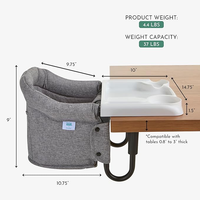 Evolur Clamp-On Comfort Table Chair, Portable Clip-On High Chair for Babies & Toddlers (6–36 Months), Removable Washable Seat Cover, Dishwasher-Safe Tray, Foldable Design with Carry Bag – Gray