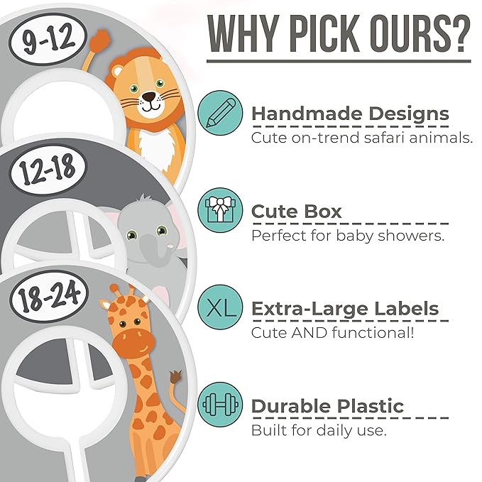 Safari Nursery Closet Size Dividers - 7X for Baby Clothes - Elephant Giraffe Zebra Lion Monkey Decor - for Boy or Girl - [Safari] [Grey/Gray]
