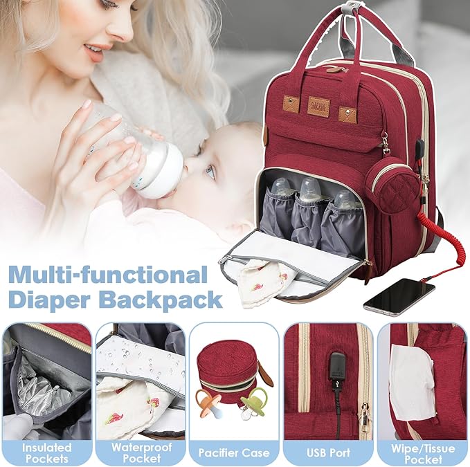 JSTPRO Diaper Bag Backpack, Large Diaper Bag with Changing Station, Baby Bag, New Mom Gifts, Lightweight Waterproof Unisex Diaper Bag with Insulated Pockets and USB Charging Port, Red