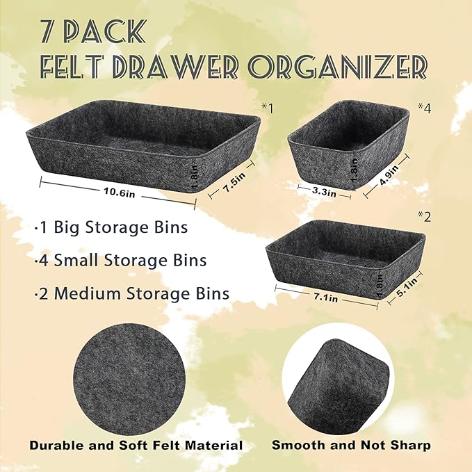 Desk Drawer Organizer Tray Dividers Set Kitchen Bathroom Office Drawer Organizers Separators Shallow Felt Storage Bins Container for Makeup Juck Jewelry Utensils Tools Dresser, Grey, 7 Pack