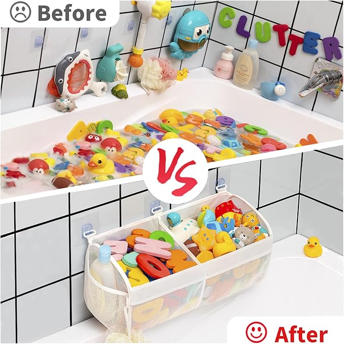 Original Two Compartment Easy-access Mesh Bath Toy Organizer for Bath Tub with Large Openings Quick Drying Cute Toddler Bath Toy Storage Holder for Baby