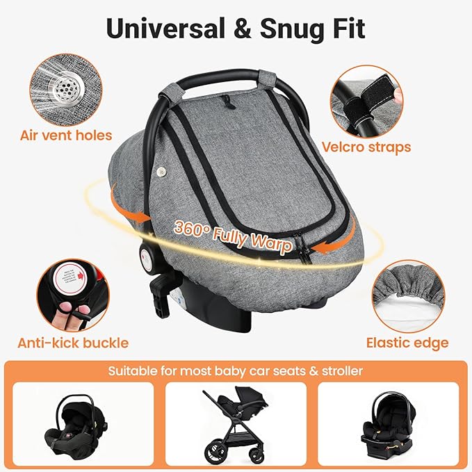 Rquite Car Seat Cover Baby, Carseat Covers Boy Girl, 2 Layers Window -Breathable Mesh & Wind/Sun Shade, Infant Car Seat Canopy Baby Carrier/Stroller Cover, Fit Spring, Fall, Winter, Cold Weather