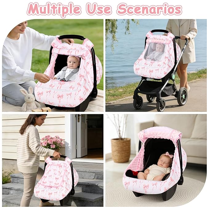 Baby Car Seat Cover with Mesh Window, Windproof Carseat Cover for Infant Girls, Infant Carseat Canopy with with Dual Zipper, Compatible with Most Baby Car Seat, Pink Bow