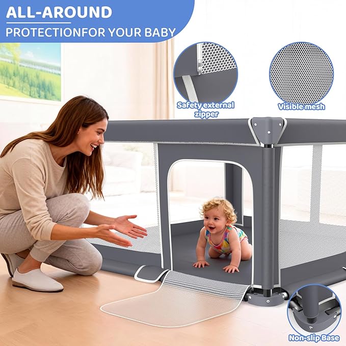 Foldable Baby Playpen with Mat, 50"x50" Safety Play Yard for Babies & Toddlers - Indoor & Outdoor Use with Carry Bag - Collapsible, Portable Play Yard, Dark Gray