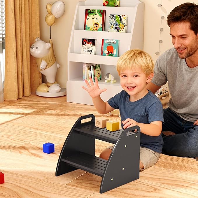 Step Stool for Toddlers, Two Stepping Stool Toddler 300lbs Capacity, with Non-Slip Handles and Pads,Black Kids Step Stool for Bathroom Sink, Perfect Natural Wooden Step Stool for Kitchen