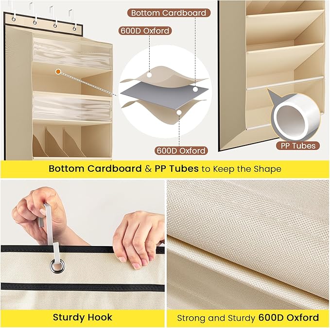 Mefirt 8 Tier Clear Over the Door Shoe Organizer with Deep Pockets, Door Shoes Rack with hard Cardboard and Tubes to Keep the Shape, Hanging Shoe Rack for Closet Organizers, Shoe Holder Beige