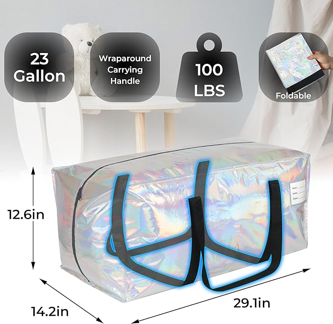 6 Pack Extra Heavy Duty Large Moving Bags with Comfortable Handle & Strong Zipper,Storage Totes for Space Saving Moving Storage College Supplies Alternative to Moving Box,Iridescent