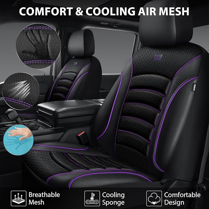CAR PASS Comfortable 3D Foam Mesh Leather Car Seat Covers Full Sets, Air Cool Mesh Breathable Seat Covers for Car, Universal 5 Seats Fit for SUV Truck Sedan Automotive, Airbag Compatible,Black Purple