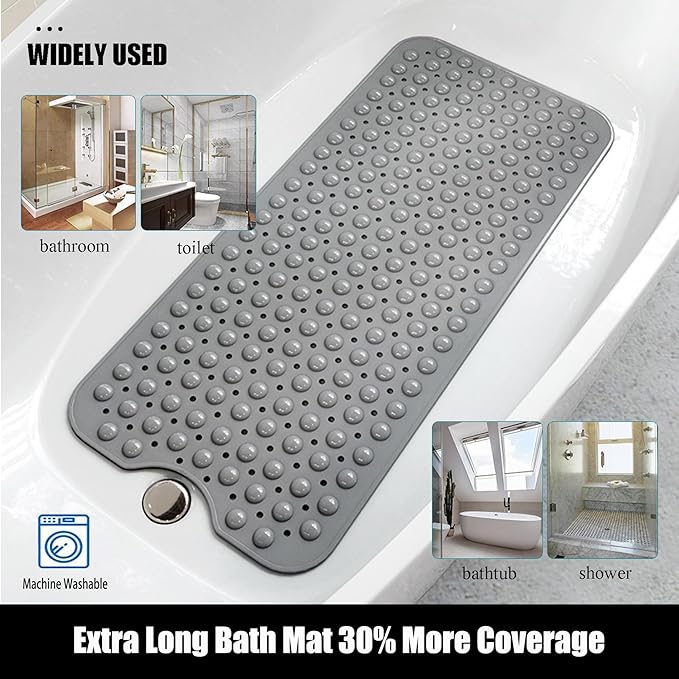 Large Non Slip Bathtub Mat, Extra Long Bath Mat for Tub, 40 x 16 Inch, Machine Washable Shower Mats with Suction Cups and Drain Holes, Bath Tub Mats for Bathroom Non Slip, Grey