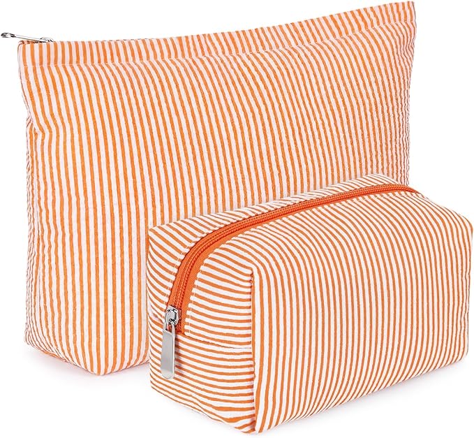 2 Pcs Makeup Bag Set Cute Cosmetic Pouch for Women Seersucker Travel Toiletry Bag Preppy Small Makeup Purse Pouch Aesthetic Skincare Brushes Storage Organizer for Valentine Women(Orange)