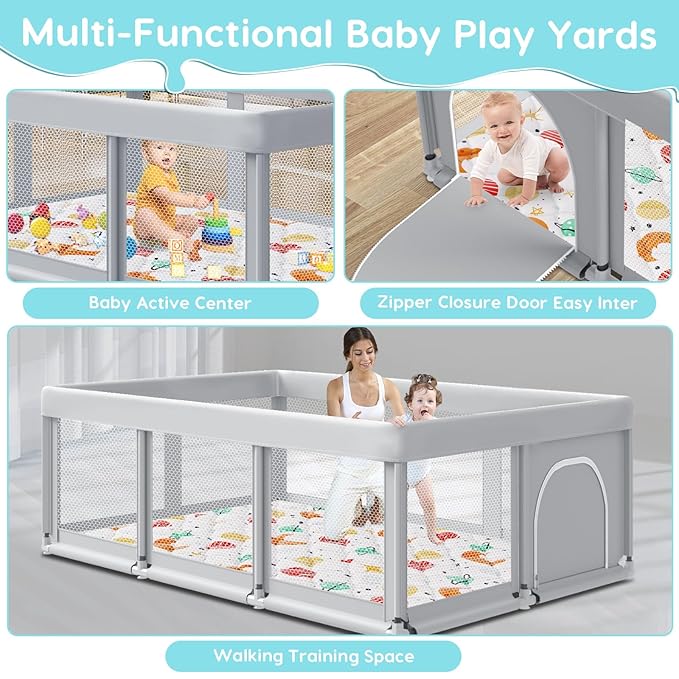 Fshibila 74" ×50" Baby Playpen with Mat, Baby Playard for Babies and Toddlers, Play Pens for Indoor & Outdoor, Sturdy Safety Play Yard with Soft Breathable Mesh, Anti-Fall, Grey