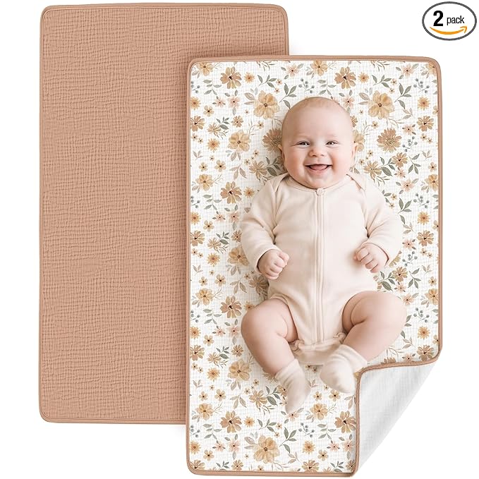 Konssy 2 Pack Waterproof Muslin Cotton Portable Changing Pad 30"x 17", Soft & Foldable Baby Changing Mat Travel Pad with Terry Backing, Shower Gift for Newborn Girls Boys (Toffee,Flourish)