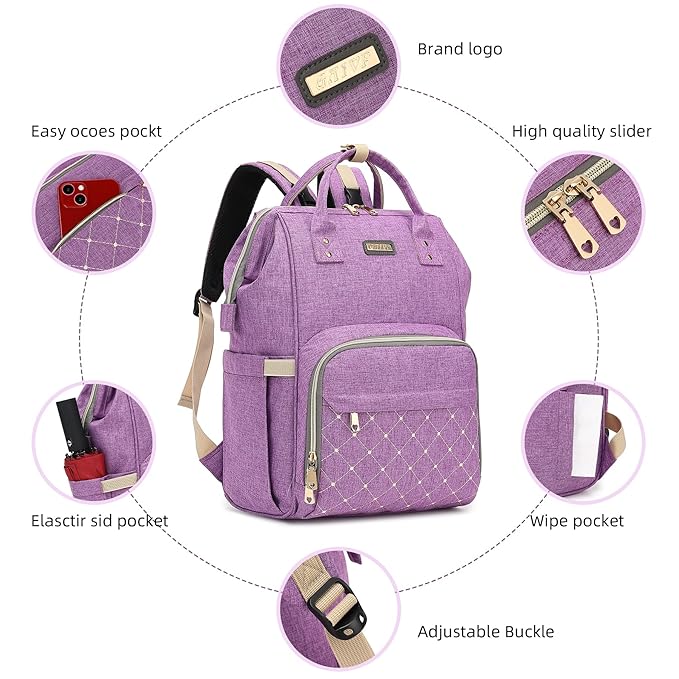 GAIVP Diaper Bag Backpack, Diaper Bags for Baby Girls Boys, Baby Bags for Moms Dads, Nappy Changing Bag with Insulated Pockets,Multi-functional Waterproof Backpack with Stroller straps-Purple