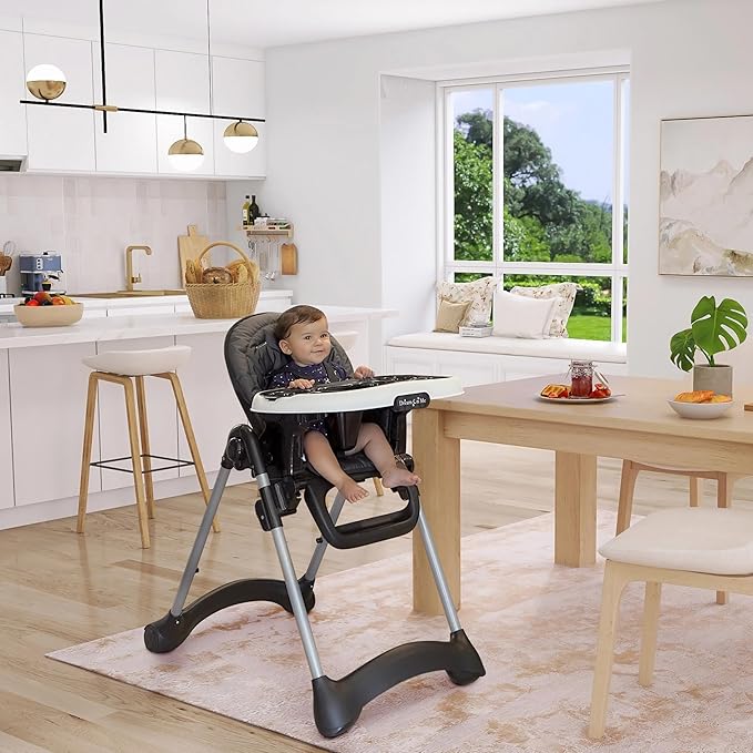 Dream On Me Solid Times High Chair for Babies and Toddlers in Black, Multiple Recline and Height Positions, Lightweight Portable Baby High Chair, 5 point Safety Harness, Easy to Clean Surface