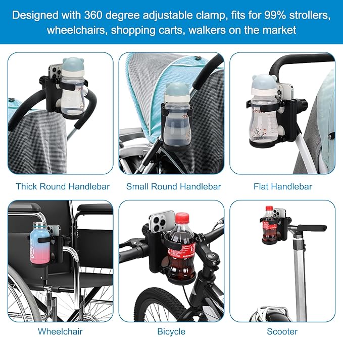 Accmor Stroller Cup Holder with Phone Holder, Foldable Universal Cup Holder, 360 ° Rotatable Bottle Holder for Stroller, Bike, Wheelchair, Walker, Scooter