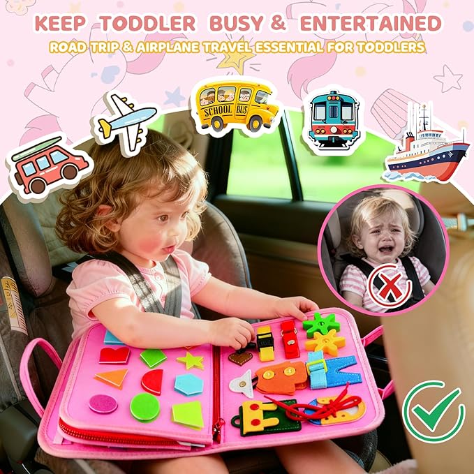 Toddler Busy Board Montessori Toys, Busy Book Educational Learning Toys for Toddler Girls, Activity Book Sensory Toy with Life Skills, Kids Travel Toy for Airplane Car Toddlers Christmas Birthday Gift
