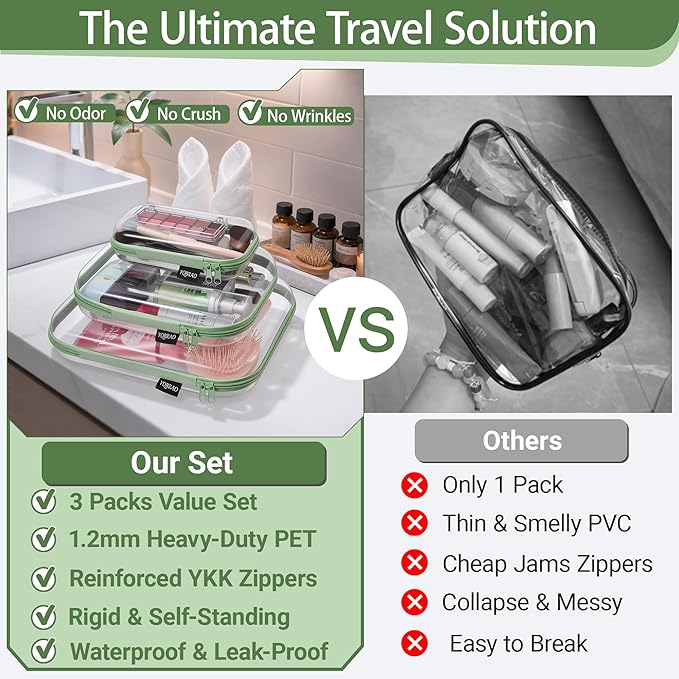 YQBRAO 3-Pack Clear Hard Shell Zipper Case Green, 1.2mm Heavy-Duty Crush-Proof Travel Makeup Bag, Multi-Size (L+M+S) Diaper Bag Organizer Pouches, Rigid Clear Zipper Pouches for Tech, Toys & Home