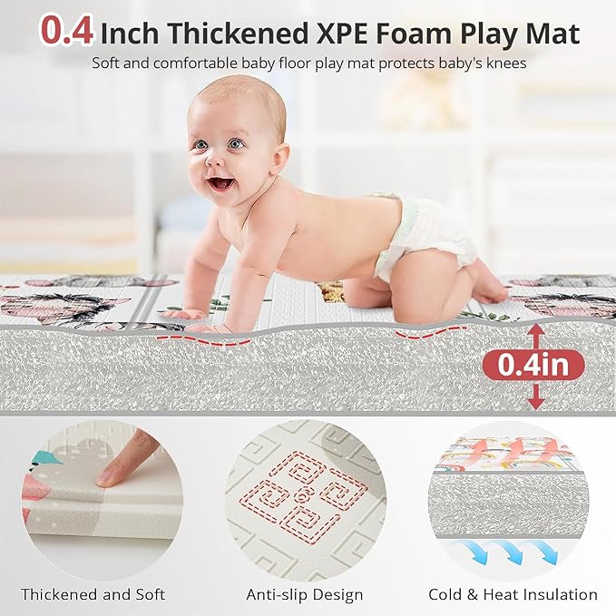 Foldable Foam Baby Play Mat for Floor, Babies Activity Tummy Time Playmat, Kids Non Toxic Foam Thick Play Mat for Baby, Toddlers, Waterproof & Anti-Slip Crawling Mats,Rainbow,59x59x0.4