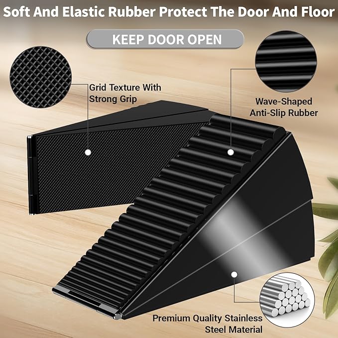 ZDZQJIA Heavy Duty Door Stoppers for Bottom of Door - Adjustable Spring Large Door Stop Wedge, Anti-Slip Rubber Grip,3" High Metal Doorstop Suits Carpet,Tile,Commercial,Home-Black1Pc+1 Wall Protector