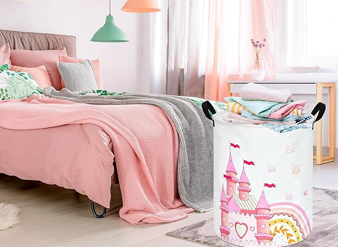 MAIZMZ Kids Hamper Pink Castle Storage Bins Organizer Toy Box Laundry Basket Large Canvas Collapsible Chest for Home/Dorm/Kitchen/Pet/Office/Closet/Shelf/Gift Baskets