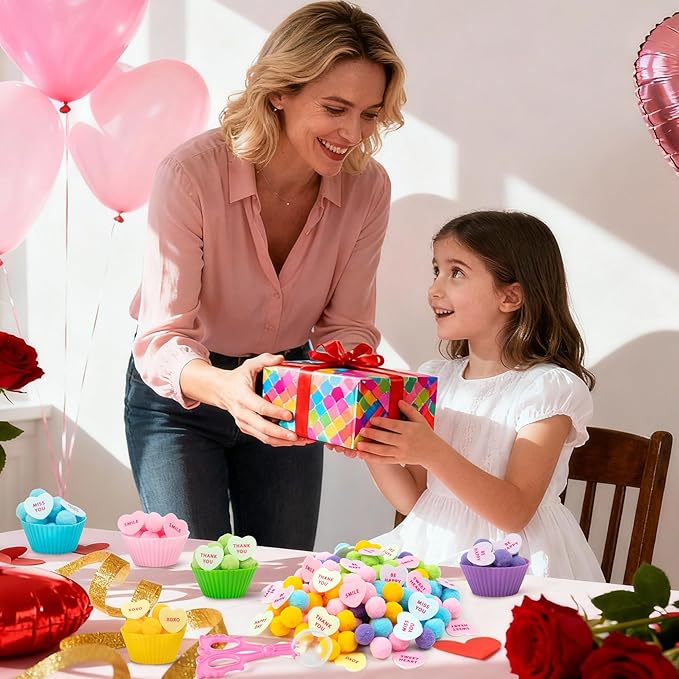 EZdhuawuse Valentines Sensory Bin Fillers - 268P Valentine’s Day Gift Fine Motor Toy Counting Sorting Set for Kid, Felt Conversation Heart Colorful Pom Poms Cup Clip for Preschool Education Activities