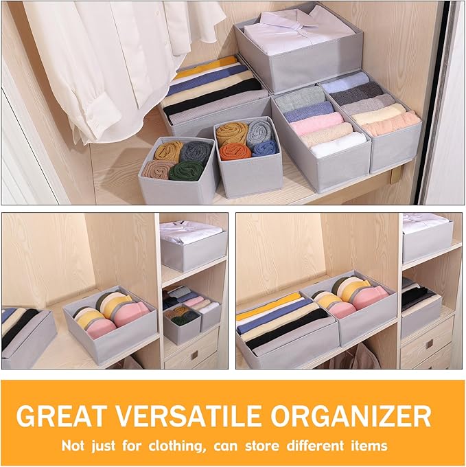 Foldable Dresser Drawer Organizers Clothes, Underwear Organizer Foldable Cloth Storage Box Drawer Divider Organizer Basket Bins for Underwear Socks, Bras, Underwear,3 Pack (Light Grey)