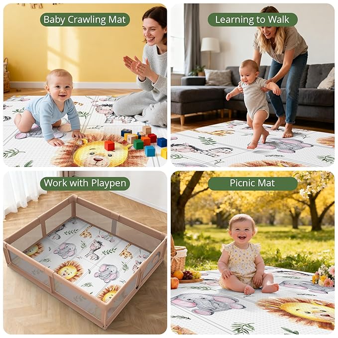 71x59 Foldable Baby Play Mat for Floor, Foam Playmat for Babies 0-12 Months, Kids Non Toxic Thick, Waterproof & Anti-slip Crawling Toddlers Mats, Babies Activity Tummy Time Playmat, Lion,71x59