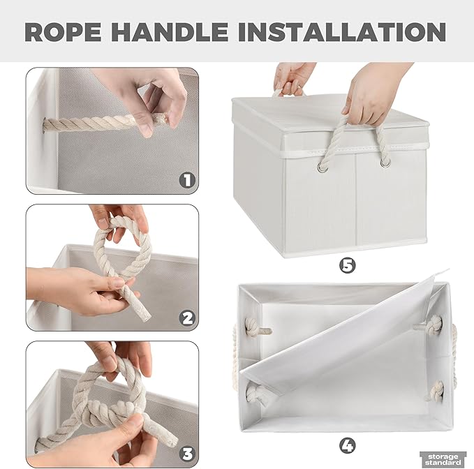 Set of 3 Fabric Bins for Organization - Foldable & Stackable With Lid & Rope Handles - Collapsible Fabric Storage Cubes Lightweight & Sturdy Bottom, Space Saving Collapsible Bin, Ivory