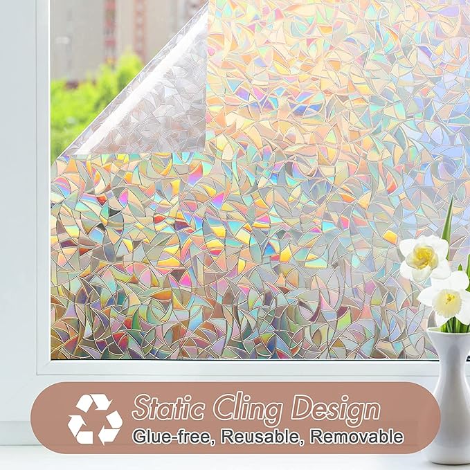 Haton Window Privacy Film, Stained Glass Rainbow Film Decorative Window Clings, Static Cling Sun Blocking Stickers Decals Coverings Tint for Home Heat Control, Non-Adhesive 23.6" x 157.4"