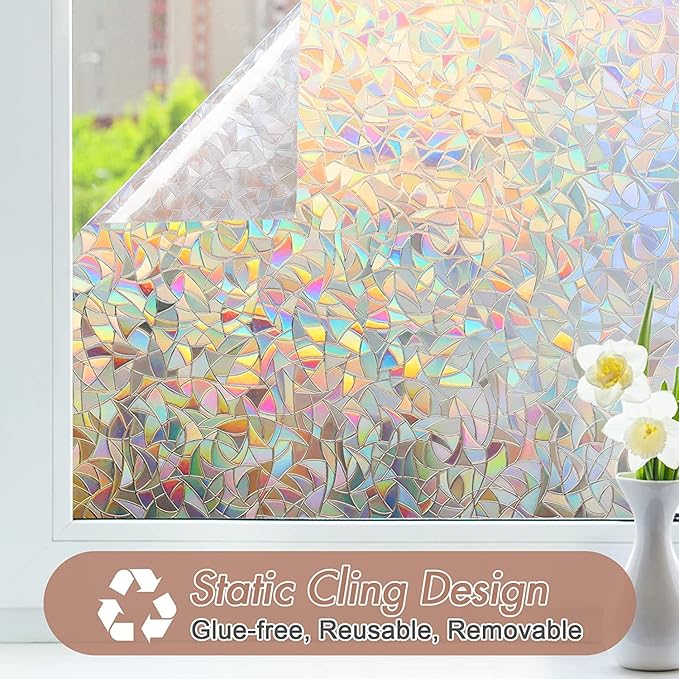 Haton Window Privacy Film, Stained Glass Rainbow Film Decorative Window Clings, Static Cling Sun Blocking Stickers Decals Coverings Tint for Home Heat Control, Non-Adhesive 29.5" x 157.4"