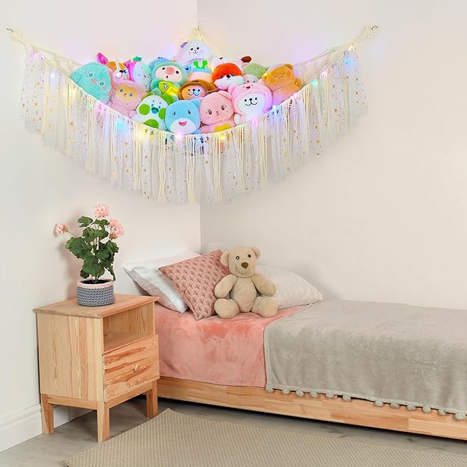 FIOBEE Stuffed Animals Net or Hammock with LED Light, Toy Hammock Hanging Stuffed Animals Storage Organizer Holder Room Décor for Nursery Kids Bedroom