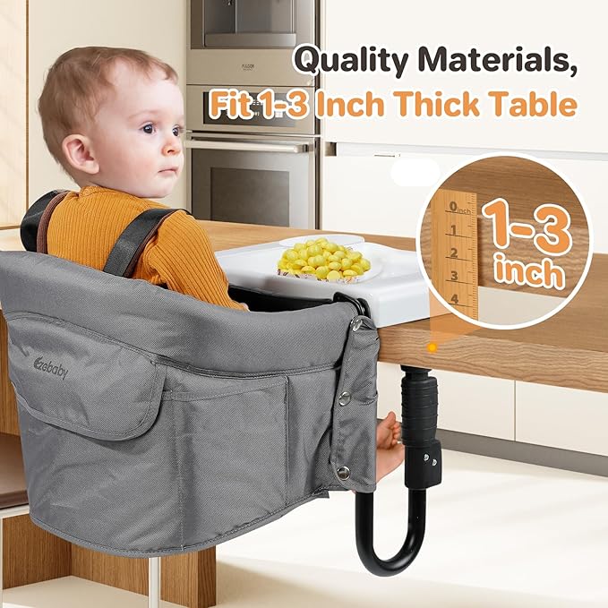 Ezebaby Hook on High Chairs, Secure Clip on High Chair for Baby, Compact Fold-Flat for Easy Storage, Fast Table Chair with Baby Seat, Portable Highchair Attaches to Table for Travel, Grey, with Tray