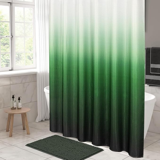 MitoVilla Emerald Green Waffle Fabric Shower Curtain, Dark Green Waffle Weave Textured Shower Curtains for Luxury Bathroom Decor, Modern Weighted Bathroom Shower Curtain, 72 x 72