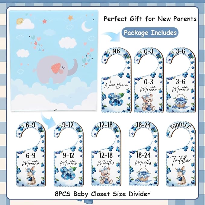 Baby Closet Dividers 8PCS, Blueberry Themed Wooden Double-Sided Clothes Size Hanger/Organizer from Newborn to Toddler for Nursery Decor Baby Shower Birthday Gender Reveal Party Gift