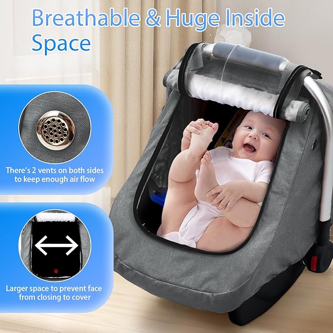 Waterproof Baby Car Seat Cover, Infant Car Seat Cover Canopy with 2 Breathable Vents, Warm Carseat Cover with Mesh Window for Cold Weather, Univeral Baby Carrier Cover for Doona