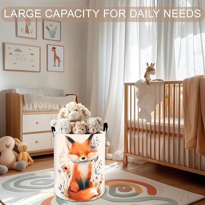 Fox Laundry Basket Hamper 19.7"x15.8", Cute Animal Foldable Waterproof Oxford Clothes Storage Bucket for Room Bathroom Bedroom Nursery Decor, Toy Organizer Bins Gifts for Kids Boys Girls