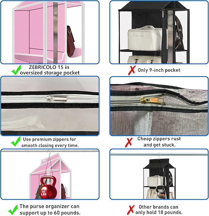 Purse Organizer for Closet, with Zippered-Dustproof, Purse Organizer, Designed for Oversized Wallets & Holds 8-16 Purses, Hanging Purse Organizer for Closet, Pink-Purse Storage