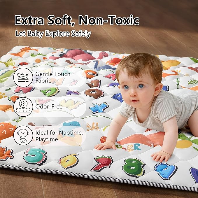 Baby Play Mat for Floor - MORAIS 50x50 Inch with 800g Cotton Filling Thickened Crawling Mat for Playpen, Cushioned Playpen Mat with Anti-Slip Bottom and Animal Alphabet (Dinosaur Land)