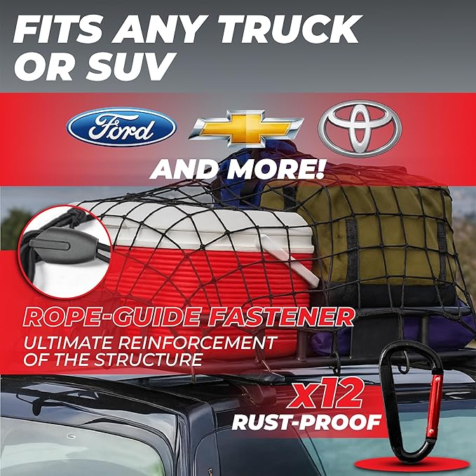 ZULWEST Heavy Duty Cargo Net for Pickup Truck Bed 4x6 ft Stretches to 8x12 ft - 10mm Bungee Mesh with 12 Carabiners, Anti-Slip Gloves & Digital Guide - Truck Bed Netting for Cargo, SUV, Roof Rack