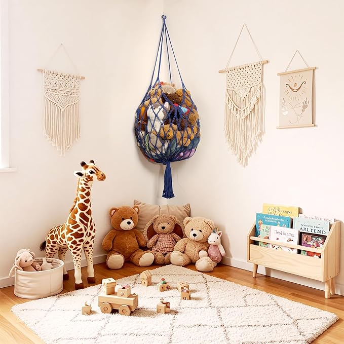 Stuffed Animal Storage Hammock Corner Hanging Net Stuffy Animal Hammock Macrame Toy Display Plush Toy Holder for Kid Bedroom Decor Boho Nursery Playroom Organizer (Blue)