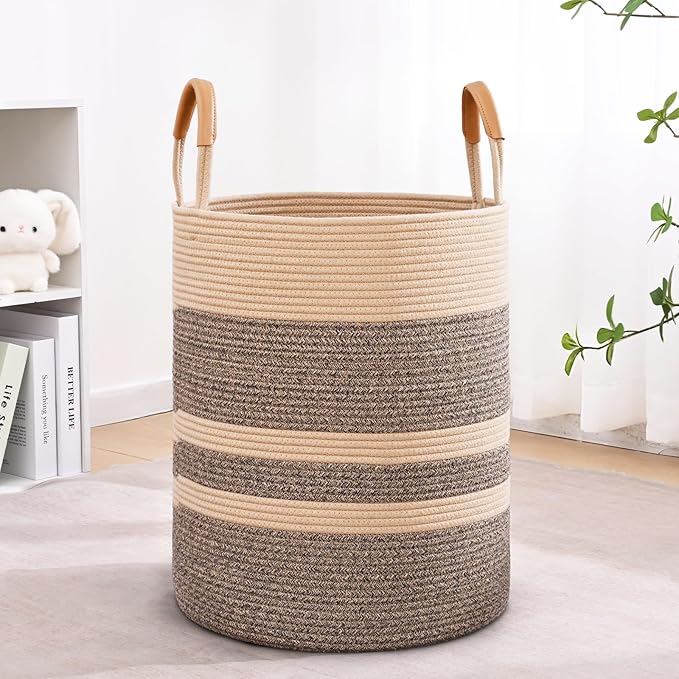 Degeyoyo 90L Striped Laundry Basket, Dark Brown Laundry Hamper with Leather Handles, Woven Cotton Rope Storage Bin for Blankets, Nursery Hamper for Clothes, Toys In Bathroom, Livingroom, Bedroom