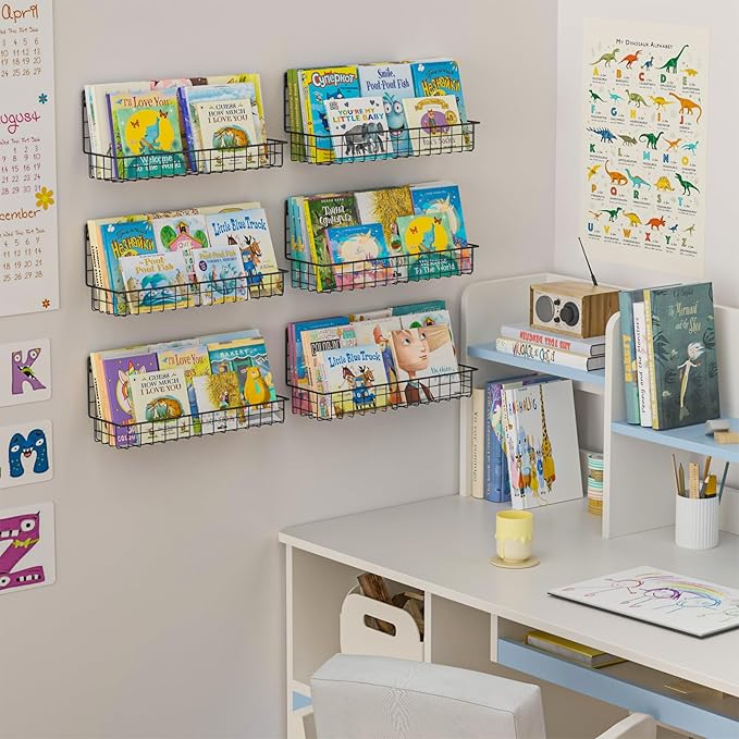 X-cosrack Floating Book Shelves for Wall Kids Bookshelf,Metal Hanging Wall Mounted Shelf for Nursery Toddler, Kids Room, Classroom,Set of 6,Black,2 Sizes