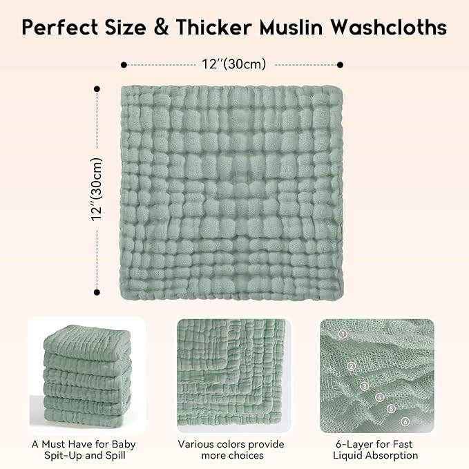 Unnivoll Muslin Burp Cloths Baby 12''X12'', Baby Washcloths 6 Pack, 100% Cotton Baby Wash Cloths Absorbent and Soft for Newborn Infants Kids Boys Girls - Apricot Green Sapphire Blue